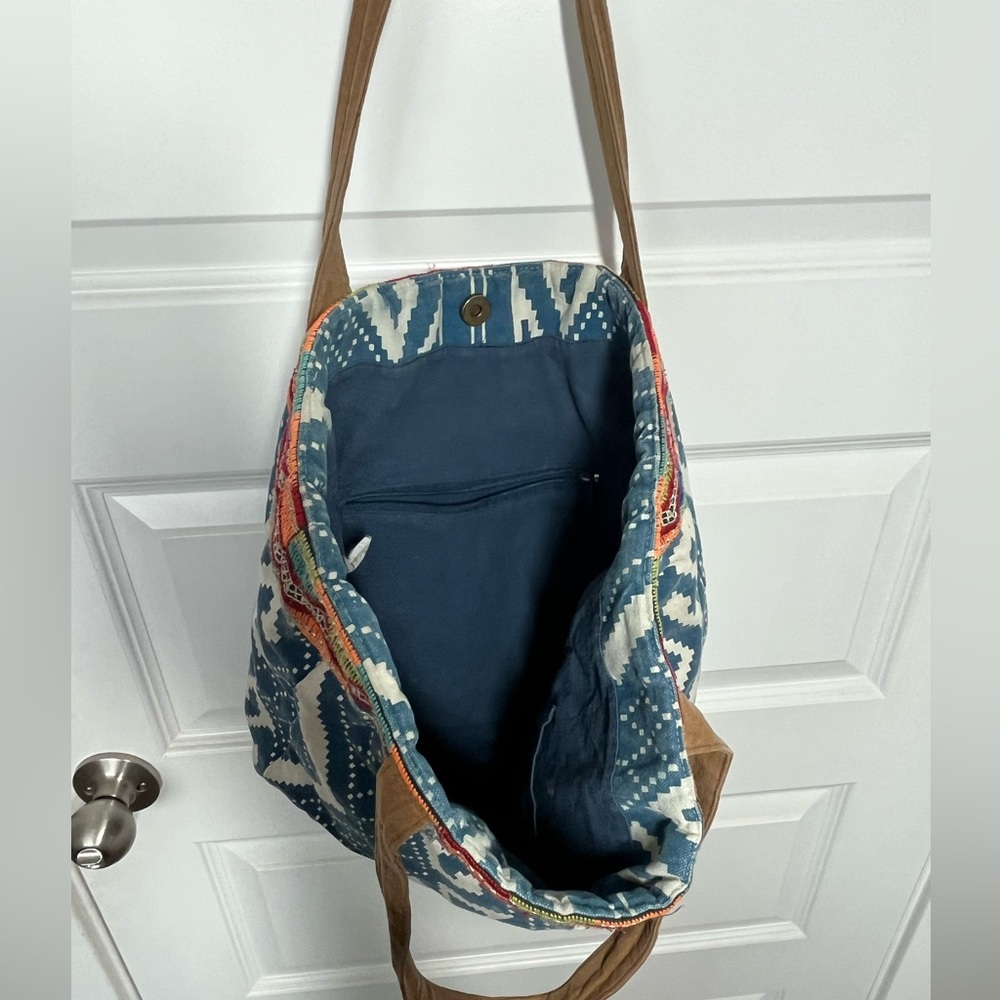 Boho Tribal Tote Bag Blue Canvas Aztec Beach Travel Shoulder Bag - Picture 4 of 8